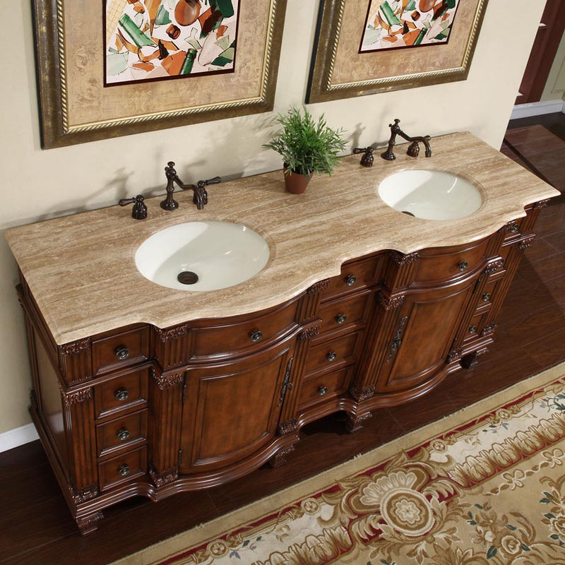 Silkroad Exclusive HYP-0722-T-UIC-72 72" Brazilian Rosewood double sink vanity, three-quarter view in a bathroom