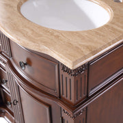 Silkroad Exclusive HYP-0722-T-UWC-48 48" Brazilian Rosewood double sink vanity, close-up of the stone top and edge profile