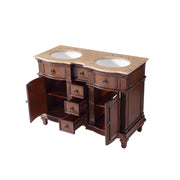 Silkroad Exclusive HYP-0722-T-UWC-48 48" Brazilian Rosewood double sink vanity, with doors and drawers open showing storage