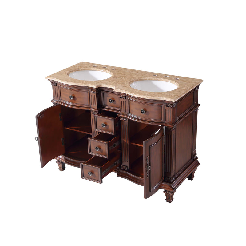 Silkroad Exclusive HYP-0722-T-UWC-48 48" Brazilian Rosewood double sink vanity, with doors and drawers open showing storage