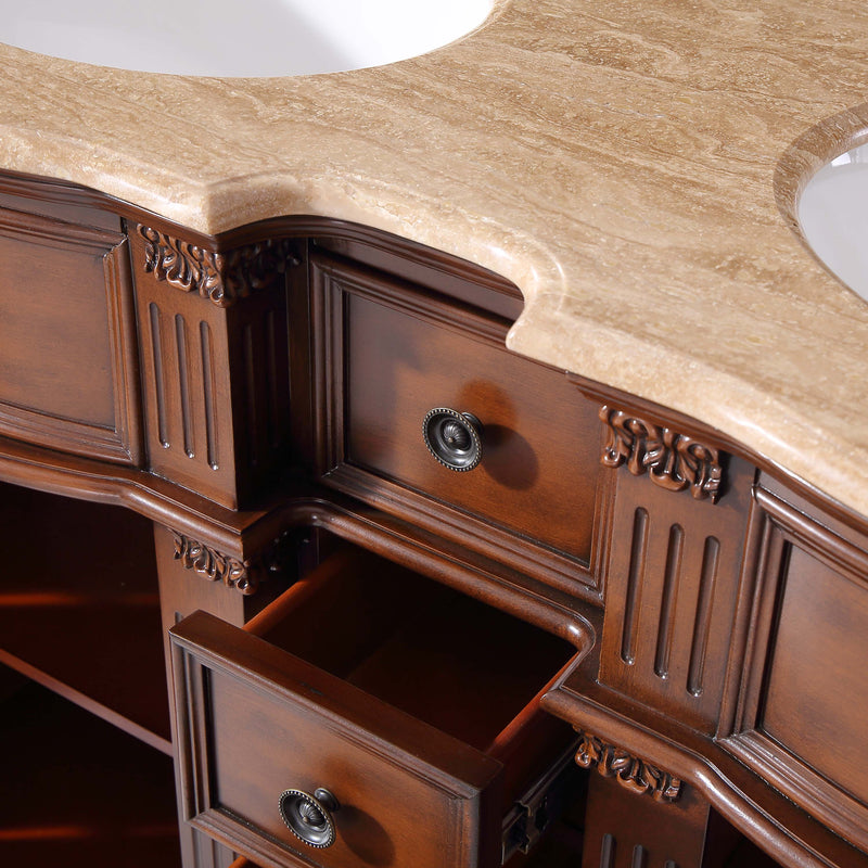Silkroad Exclusive HYP-0722-T-UWC-48 48" Brazilian Rosewood double sink vanity, with drawers pulled out showing storage