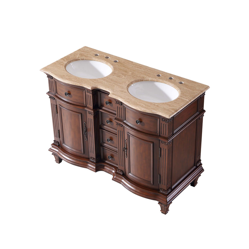 Silkroad Exclusive HYP-0722-T-UWC-48 48" Brazilian Rosewood double sink vanity, three-quarter view, on white