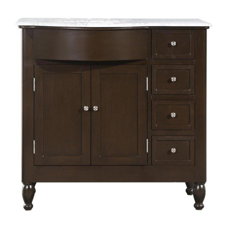 Silkroad Exclusive HYP-0902-WM-UWC-38-L 38" Dark Walnut vanity with Carrara White top, sink on the left, front view on white