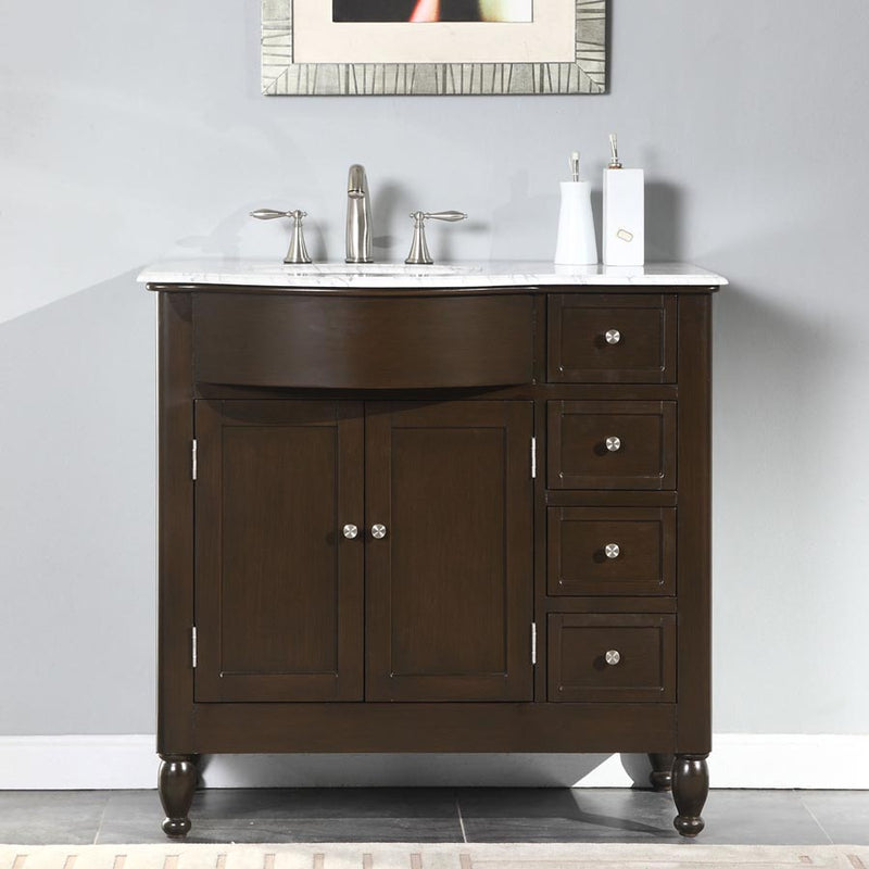 Silkroad Exclusive HYP-0902-WM-UWC-38-L installed in a grey bathroom with brushed nickel widespread faucet