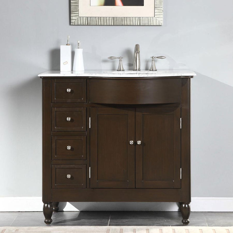 Silkroad Exclusive HYP-0902-WM-UWC-38-R installed in a grey bathroom with brushed nickel widespread faucet