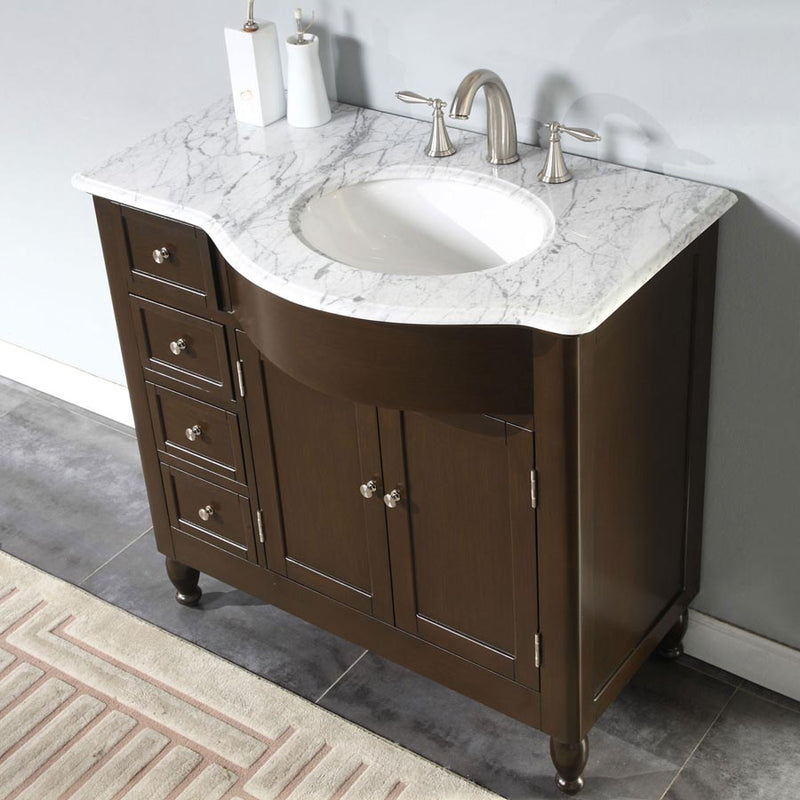 Silkroad Exclusive HYP-0902-WM-UWC-38-R high angle of the Carrara White marble top and white oval sink set to the right