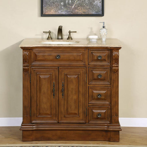 Silkroad Exclusive HYP-0904-T-UIC-38-L 38" Walnut vanity with Travertine top, sink on the left, front view in a bathroom
