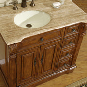 Silkroad Exclusive HYP-0904-T-UIC-38-L close-up of the ivory undermount sink, carved corbel and side drawers
