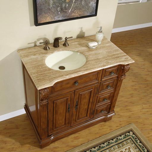 Silkroad Exclusive HYP-0904-T-UIC-38-L high three-quarter view of the Travertine top and ivory oval sink set to the left