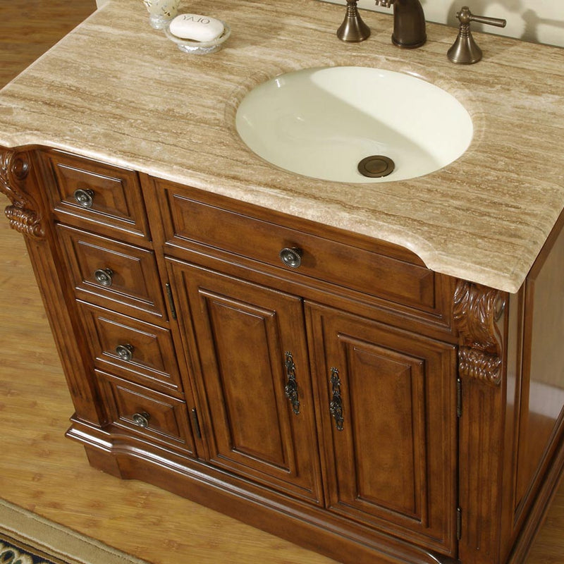 Silkroad Exclusive HYP-0904-T-UIC-38-R close-up of the ivory undermount sink, carved corbel and side drawers