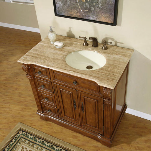 Silkroad Exclusive HYP-0904-T-UIC-38-R high three-quarter view of the Travertine top and ivory oval sink set to the right