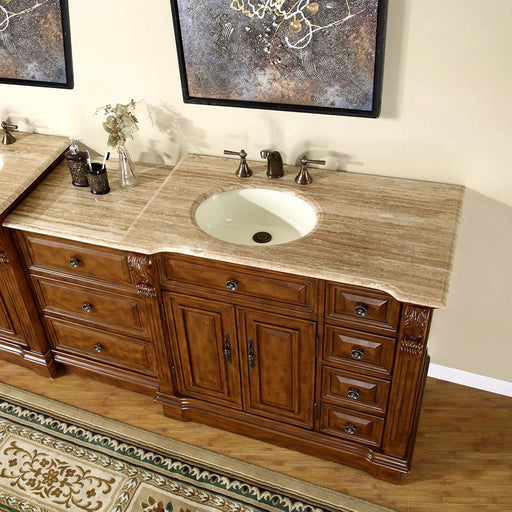Silkroad Exclusive HYP-0904-T-UIC-58-L high angle of the Travertine tops and ivory oval sink