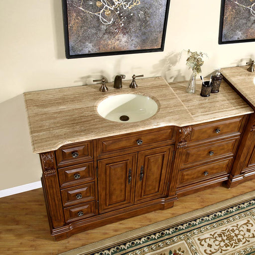 Silkroad Exclusive HYP-0904-T-UIC-58-R high angle of the Travertine tops and ivory oval sink