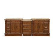 Silkroad Exclusive HYP-0904-T-UIC-95 95" Walnut double sink modular vanity with Travertine tops, front view on white