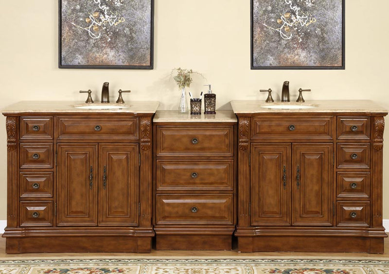 Silkroad Exclusive HYP-0904-T-UIC-95 installed in a bathroom with two oil-bronze widespread faucets