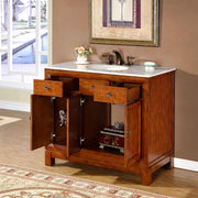 Silkroad Exclusive HYP-0911-CM-UWC-42 42" Cherry single sink vanity, with doors and drawers open showing storage