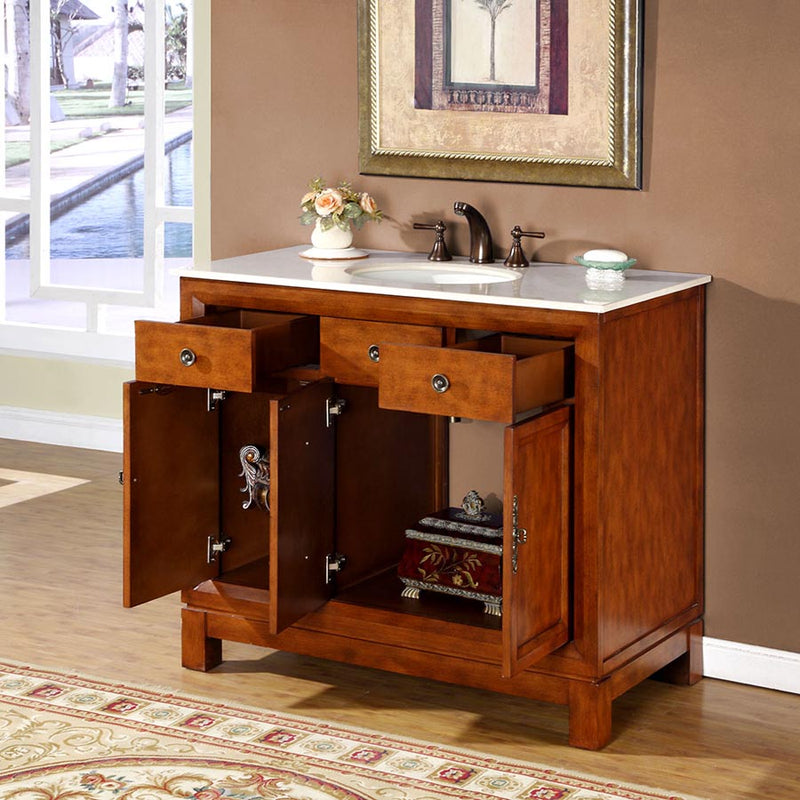 Silkroad Exclusive HYP-0911-CM-UWC-42 42" Cherry single sink vanity, with doors and drawers open showing storage