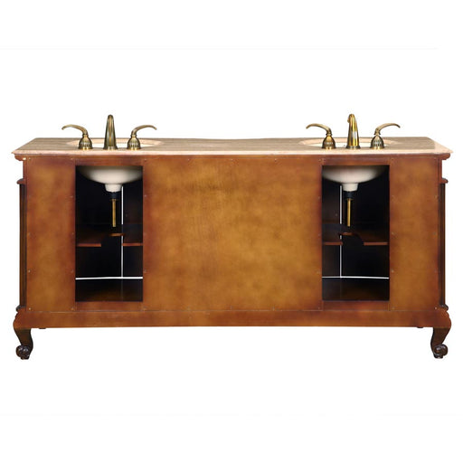 Silkroad Exclusive HYP-8034-T-UIC-72 72" English Chestnut double sink vanity, back view showing the plumbing opening