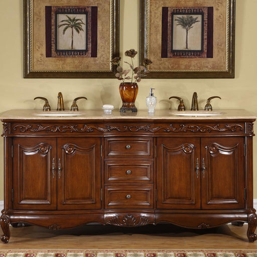 Silkroad Exclusive HYP-8034-T-UIC-72 72" English Chestnut double sink vanity, installed in a bathroom, front view