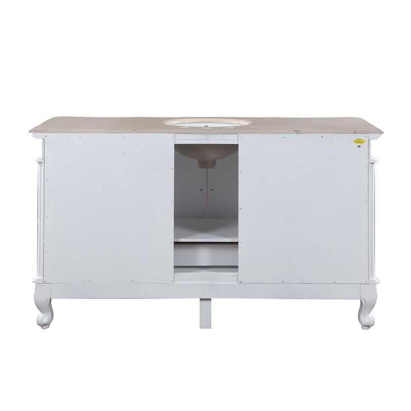 Silkroad Exclusive JB-0273-CM-UWC-60 60" Antique White single sink vanity, back view showing the plumbing opening