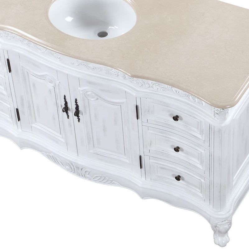 Silkroad Exclusive JB-0273-CM-UWC-60 60" Antique White single sink vanity, close-up of the marble edge profile