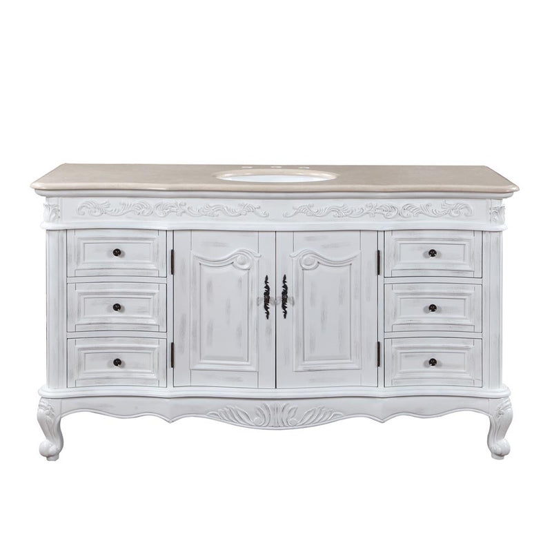 Silkroad Exclusive JB-0273-CM-UWC-60 60" Antique White single sink vanity, Crema Marfil top, front view on white