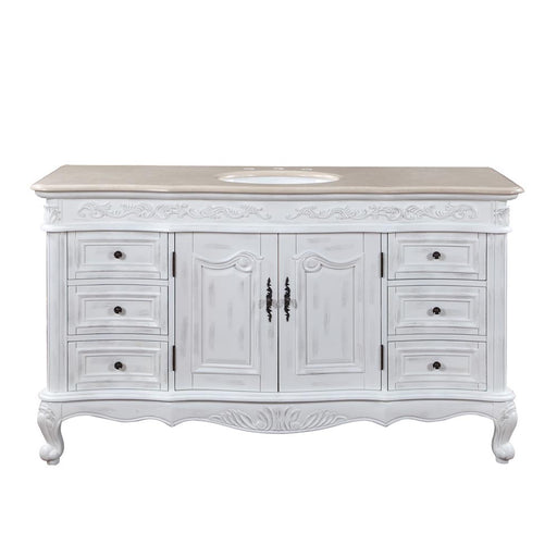 Silkroad Exclusive JB-0273-CM-UWC-60 60" Antique White single sink vanity, Crema Marfil top, front view on white