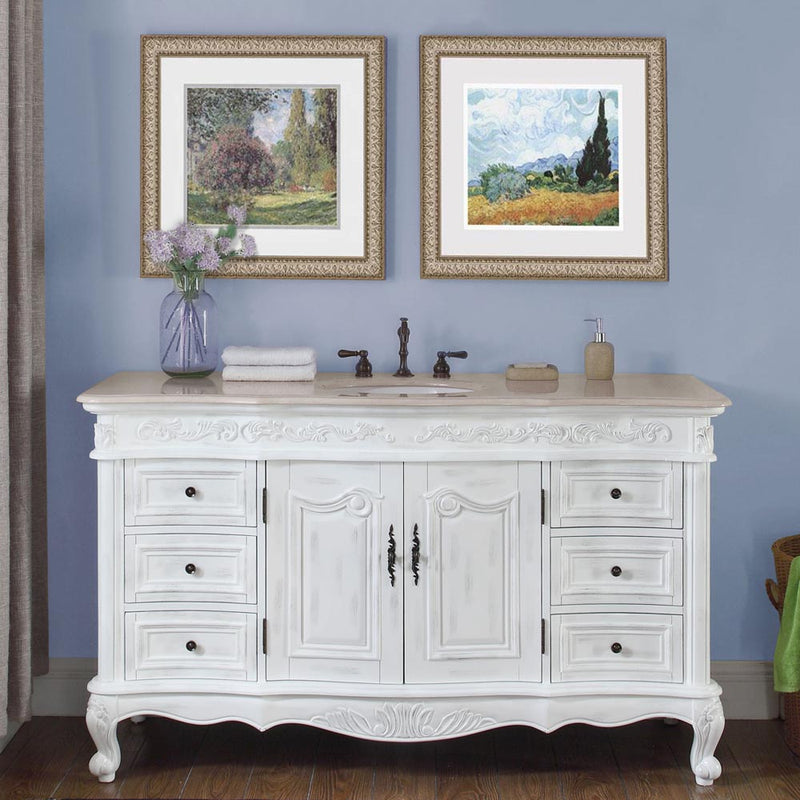 Silkroad Exclusive JB-0273-CM-UWC-60 60" Antique White single sink vanity, installed in a bathroom, front view