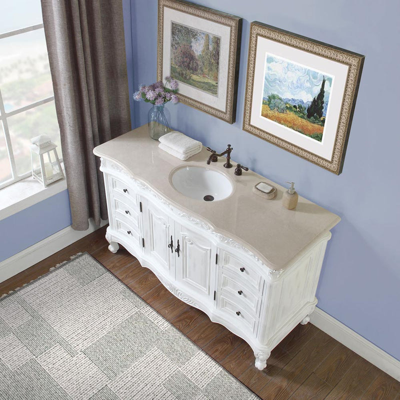 Silkroad Exclusive JB-0273-CM-UWC-60 60" Antique White single sink vanity, installed in a bathroom, angled view