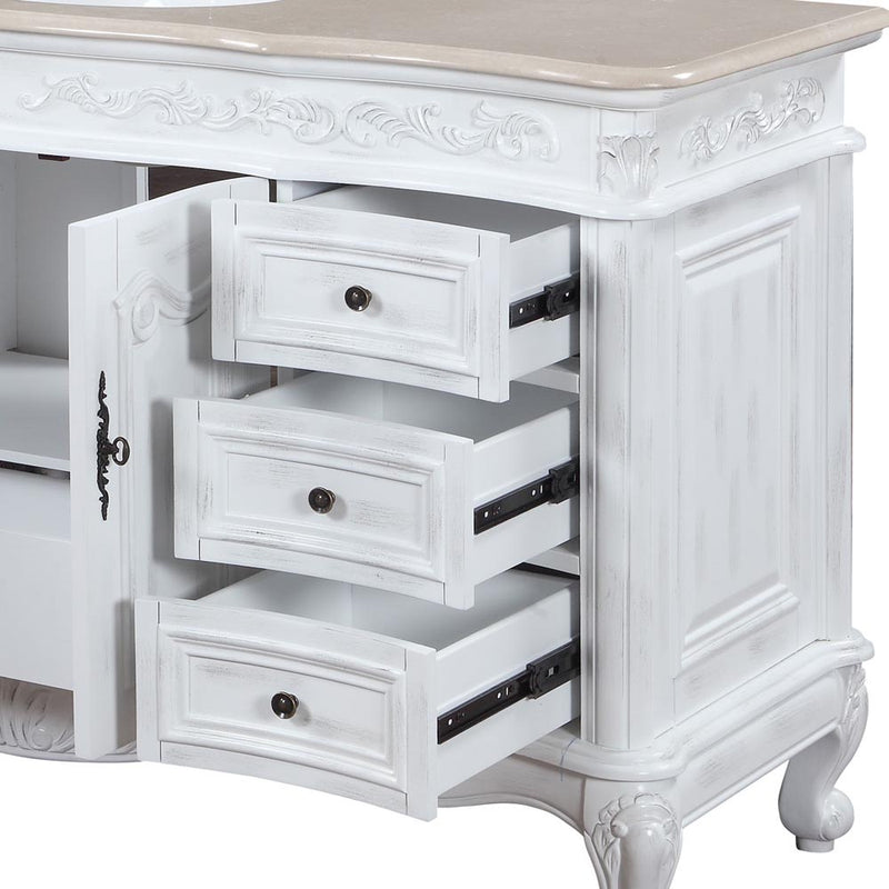 Silkroad Exclusive JB-0273-CM-UWC-60 60" Antique White single sink vanity, close-up of the open drawers and cabinet interior