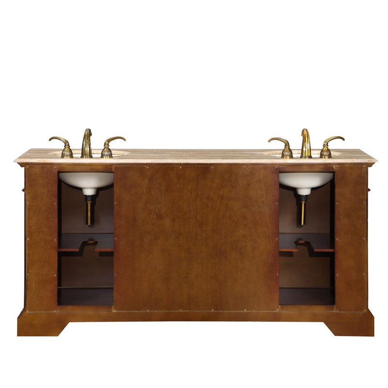 Silkroad Exclusive LTP-0176-T-UIC-72 72" Dark Chestnut double sink vanity, back view showing the open plumbing cut-out