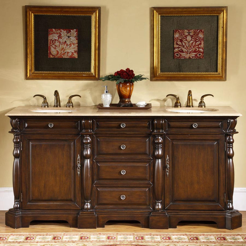 Silkroad Exclusive LTP-0176-T-UIC-72 72" Dark Chestnut double sink vanity, front view in a bathroom