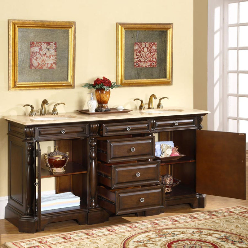 Silkroad Exclusive LTP-0176-T-UIC-72 72" Dark Chestnut double sink vanity, with doors and drawers open showing storage