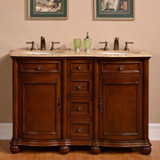 Silkroad Exclusive LTR-0180-T-UWC-52 52" English Chestnut double sink vanity with Travertine top, front view in a bathroom