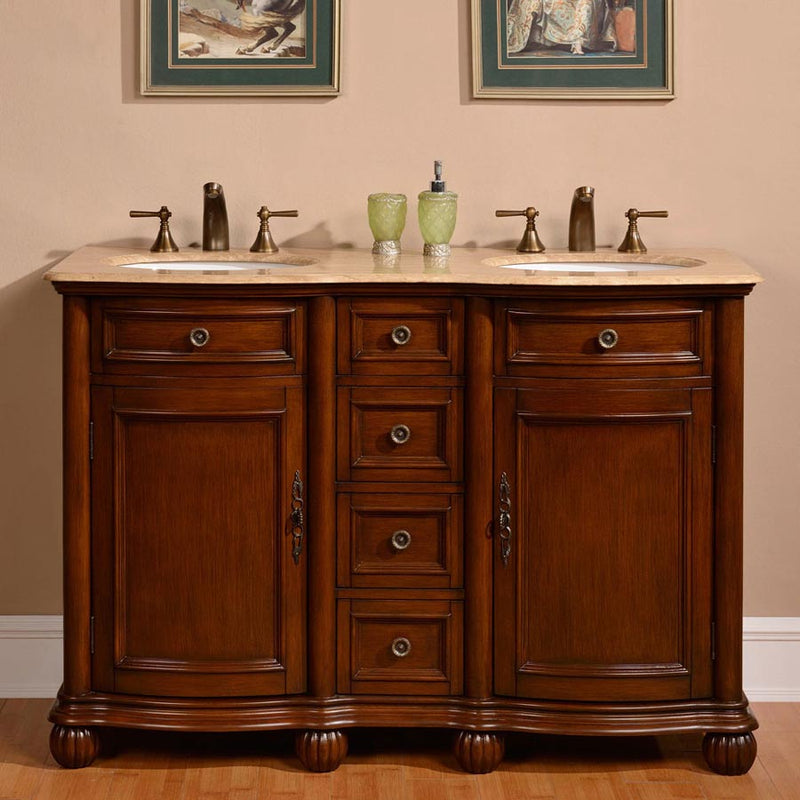 Silkroad Exclusive LTR-0180-T-UWC-52 52" English Chestnut double sink vanity with Travertine top, front view in a bathroom