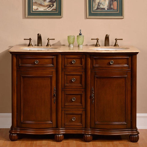 Silkroad Exclusive LTR-0180-T-UWC-52 52" English Chestnut double sink vanity with Travertine top, front view in a bathroom
