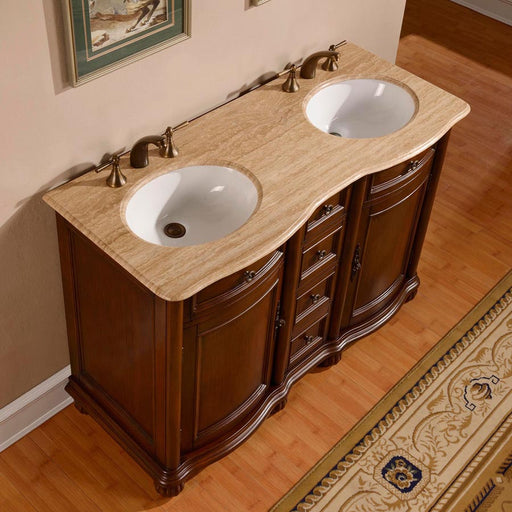 Silkroad Exclusive LTR-0180-T-UWC-52 high angle of the Travertine top and two white oval sinks
