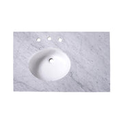 Silkroad Exclusive T36L03 36" Carrara top, left oval sink, top view showing the sink on the left and faucet holes
