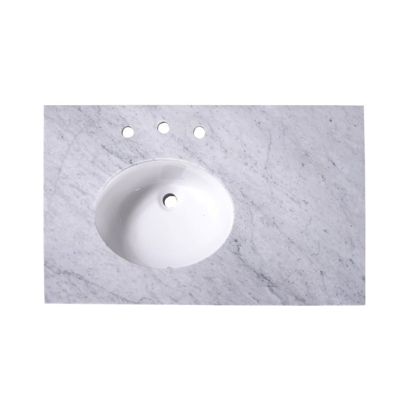 Silkroad Exclusive T36L03 36" Carrara top, left oval sink, top view showing the sink on the left and faucet holes