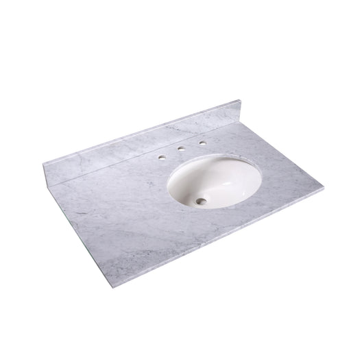 Silkroad Exclusive T36R03 36" Carrara White marble vanity top, three-quarter view, on white, sink on the right