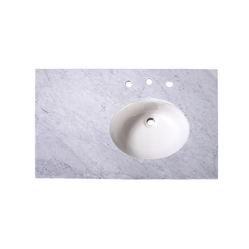 Silkroad Exclusive T36R03 36" Carrara White marble vanity top, top view of the sink and faucet drilling, sink on the right