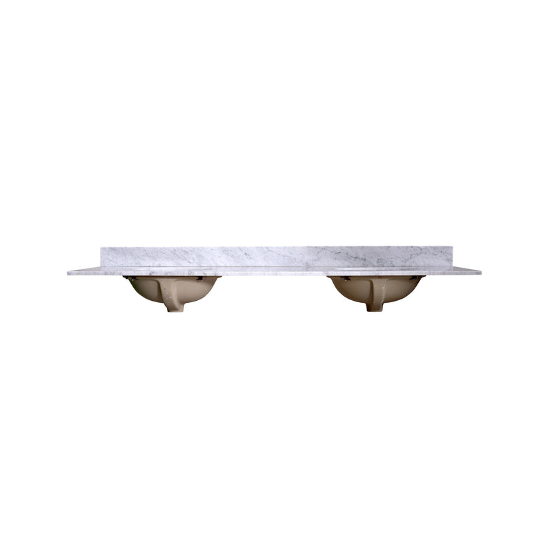 Silkroad Exclusive T72D06 72" Carrara marble double sink vanity top, front view showing the undermount sinks below the slab