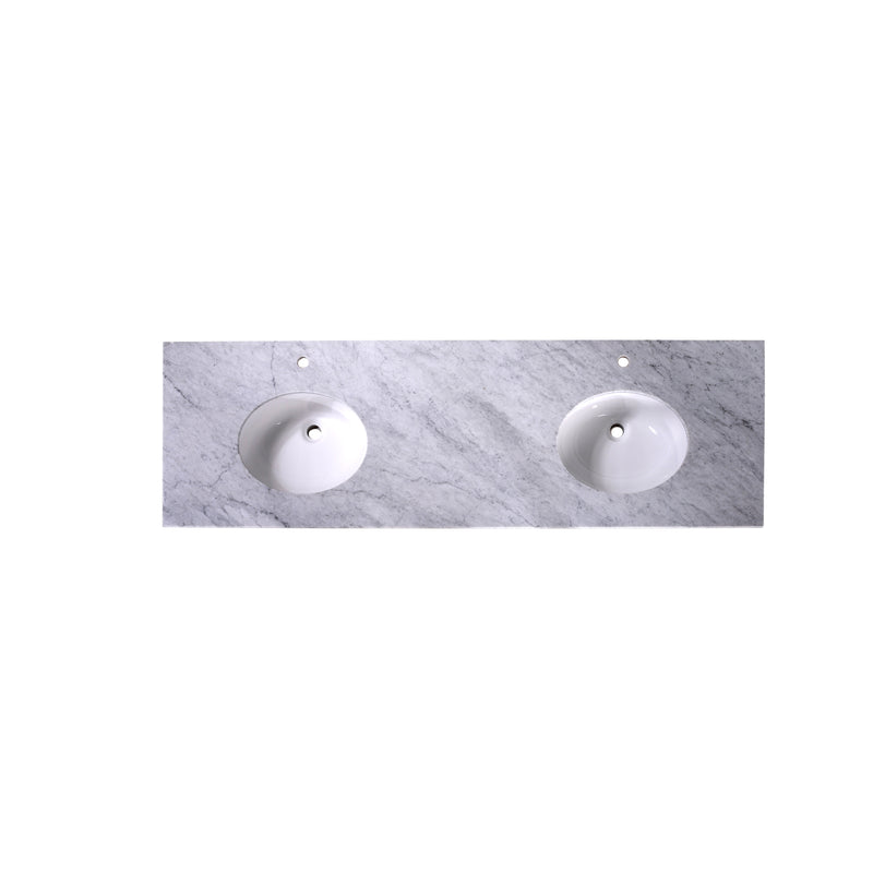 Silkroad Exclusive T72D06 72" Carrara marble double sink vanity top, top view of the sinks and faucet holes