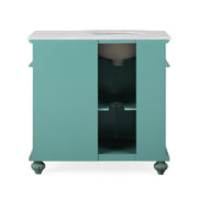 Silkroad Exclusive V0213NW36L 36" Vintage Green vanity, left sink, Carrara top, back view showing the plumbing opening