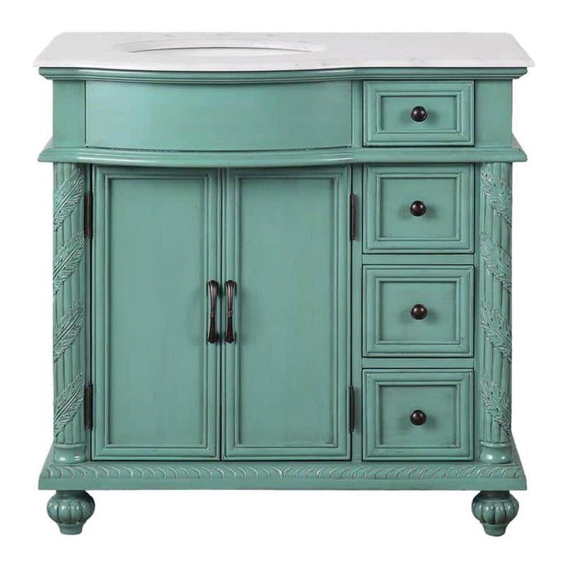 Silkroad Exclusive V0213NW36L 36" Vintage Green vanity, left sink, Carrara top, front view on white
