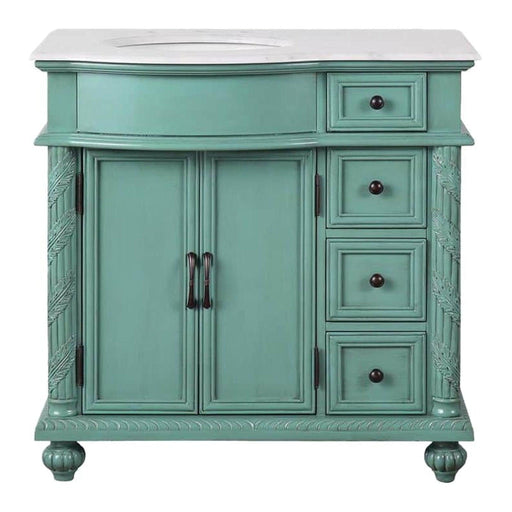 Silkroad Exclusive V0213NW36L 36" Vintage Green vanity, left sink, Carrara top, front view on white