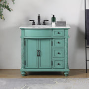 Silkroad Exclusive V0213NW36L 36" Vintage Green vanity, left sink, Carrara top, installed in a bathroom, front view