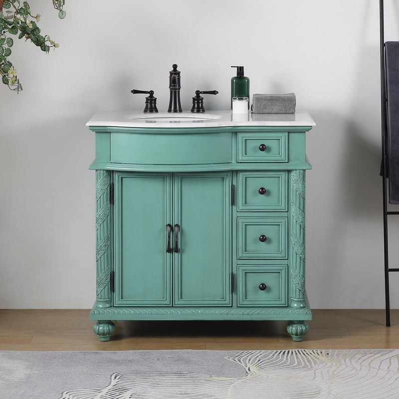 Silkroad Exclusive V0213NW36L 36" Vintage Green vanity, left sink, Carrara top, installed in a bathroom, front view