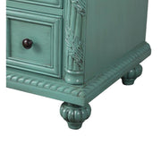Silkroad Exclusive V0213NW36L 36" Vintage Green vanity, left sink, Carrara top, close-up of the carved base and bun foot