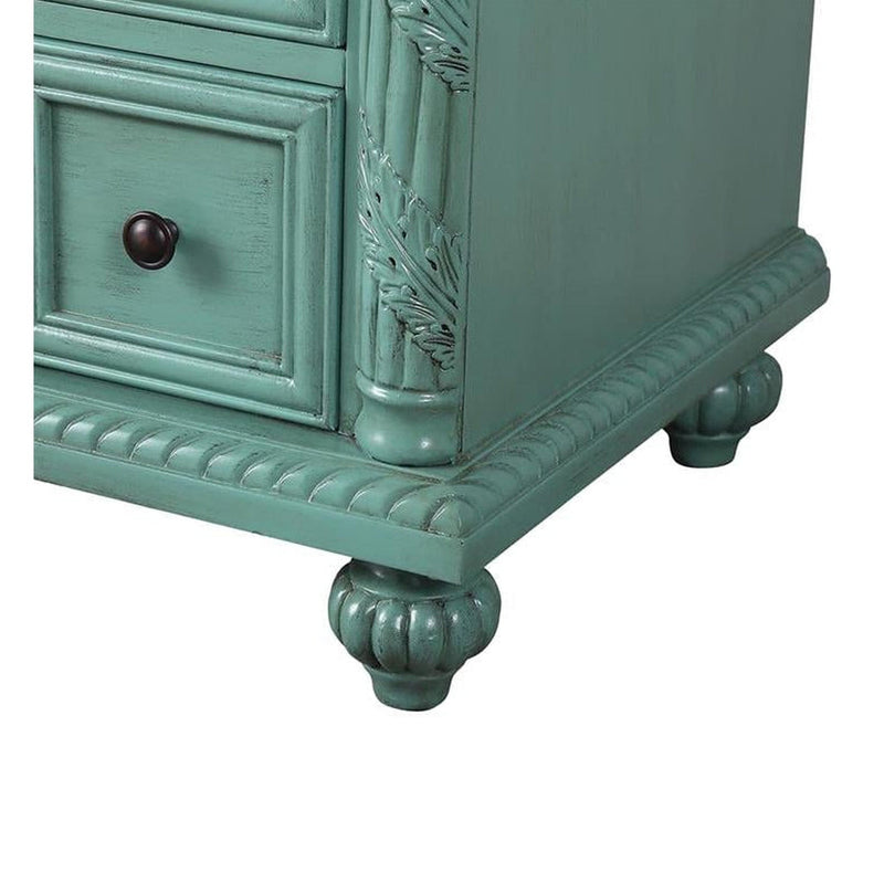 Silkroad Exclusive V0213NW36L 36" Vintage Green vanity, left sink, Carrara top, close-up of the carved base and bun foot
